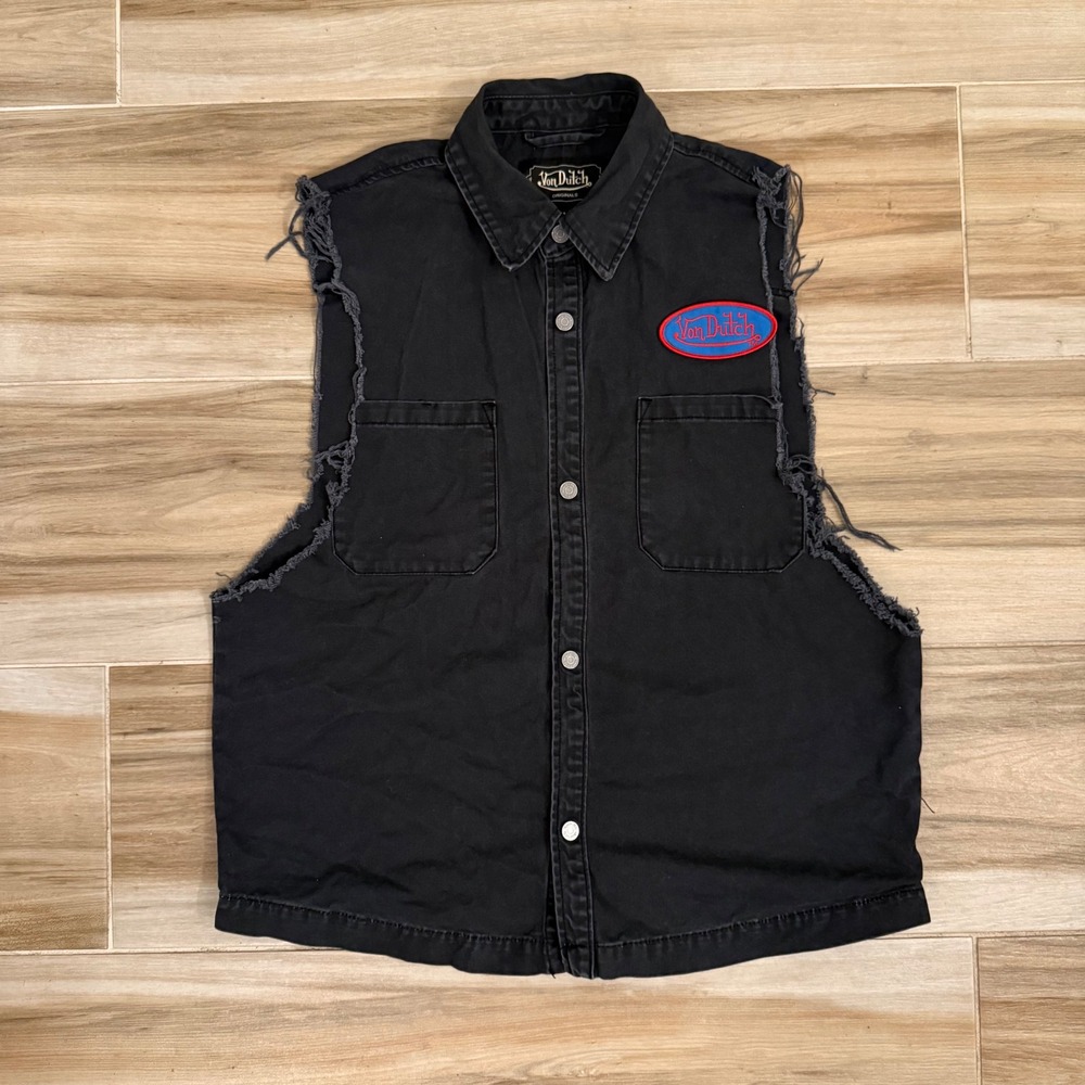 Custom Von Dutch Cut Off Denim Vest Moonless Night Black Back Graphic Men's M